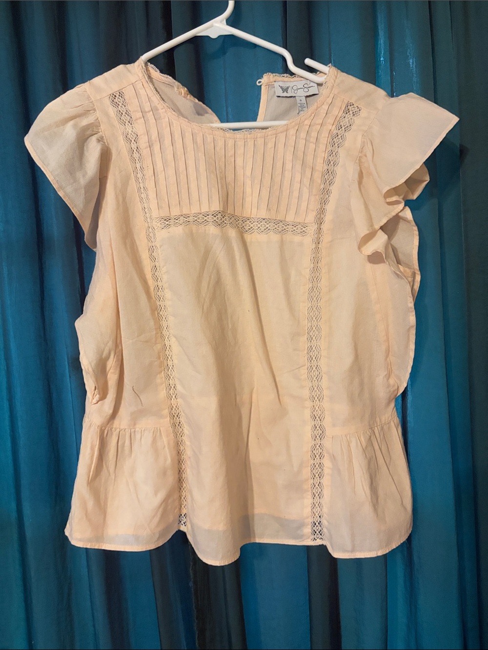 Jessica Simpson Peach Lace-Trim Flutter Sleeve Blouse